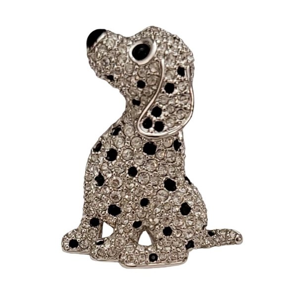 Swarovski Silver Tone Black, Clear Crystal Dalmatian Puppy Dog Brooch Pin K859 - Picture 2 of 9
